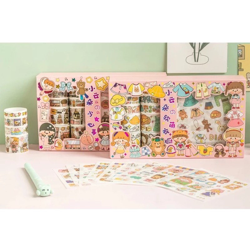 Hộp 10 cuộn washi và 10 tấm sticker dán trang trí