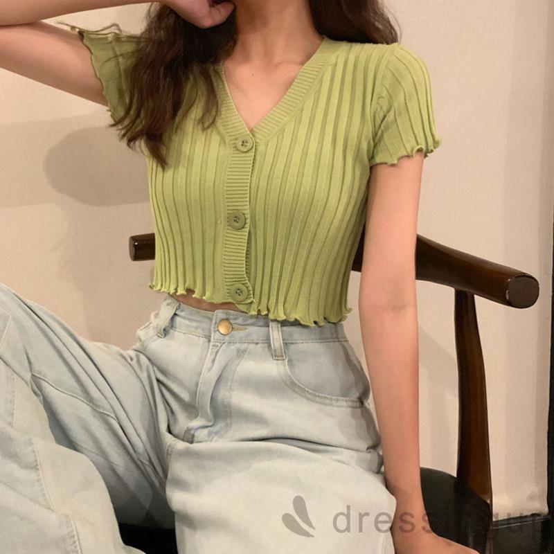 Áo Dệt Kim Tay Ngắn Cổ Chữ V Màu Trơn Kiểu Dáng Hợp Thời Trang Xinh Xắn Cho Nữ