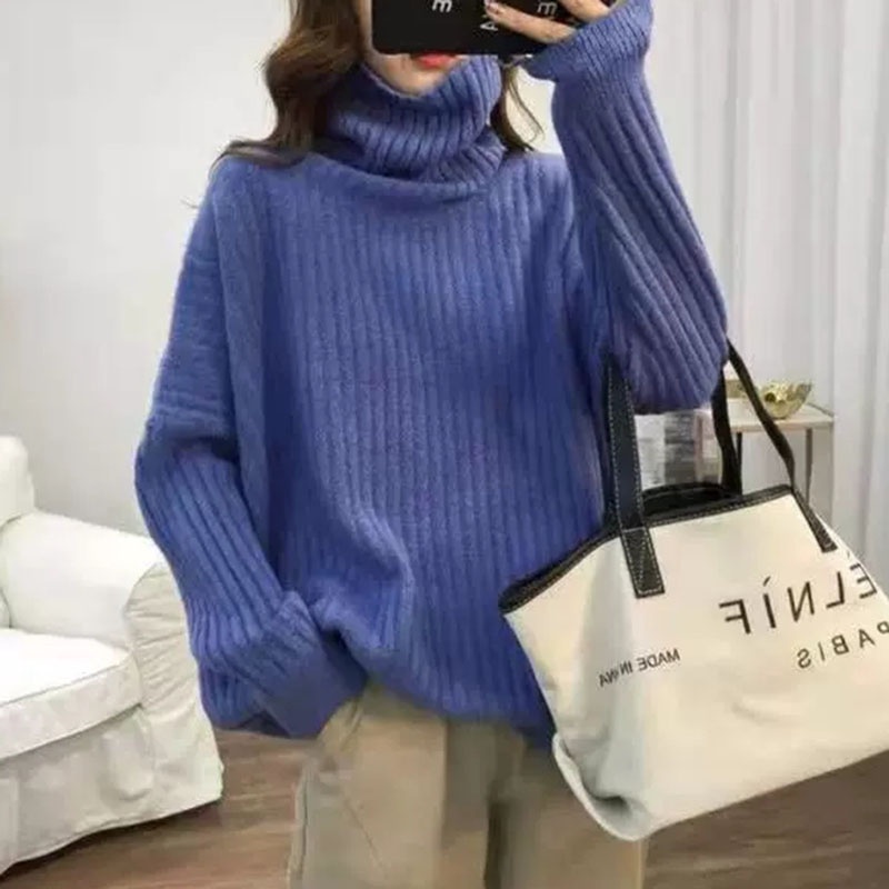 IELGYÁo Sweater Dệt Kim Tay Dài Cổ Cao Dáng Rộng Thời Trang Cho Nữ