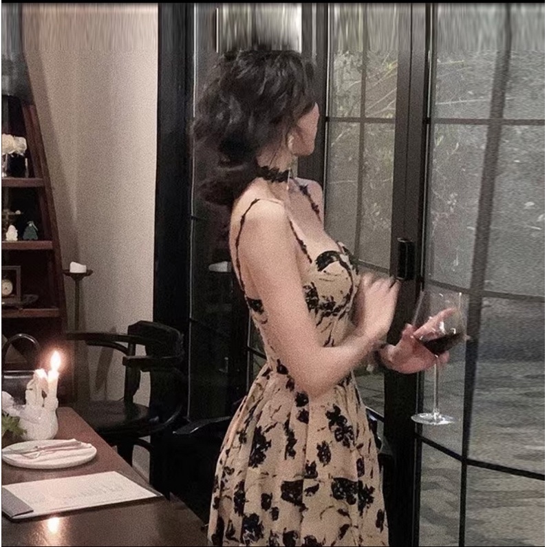 Đầm hai dây hoạ tiết hoa đen Bigsize 75kg