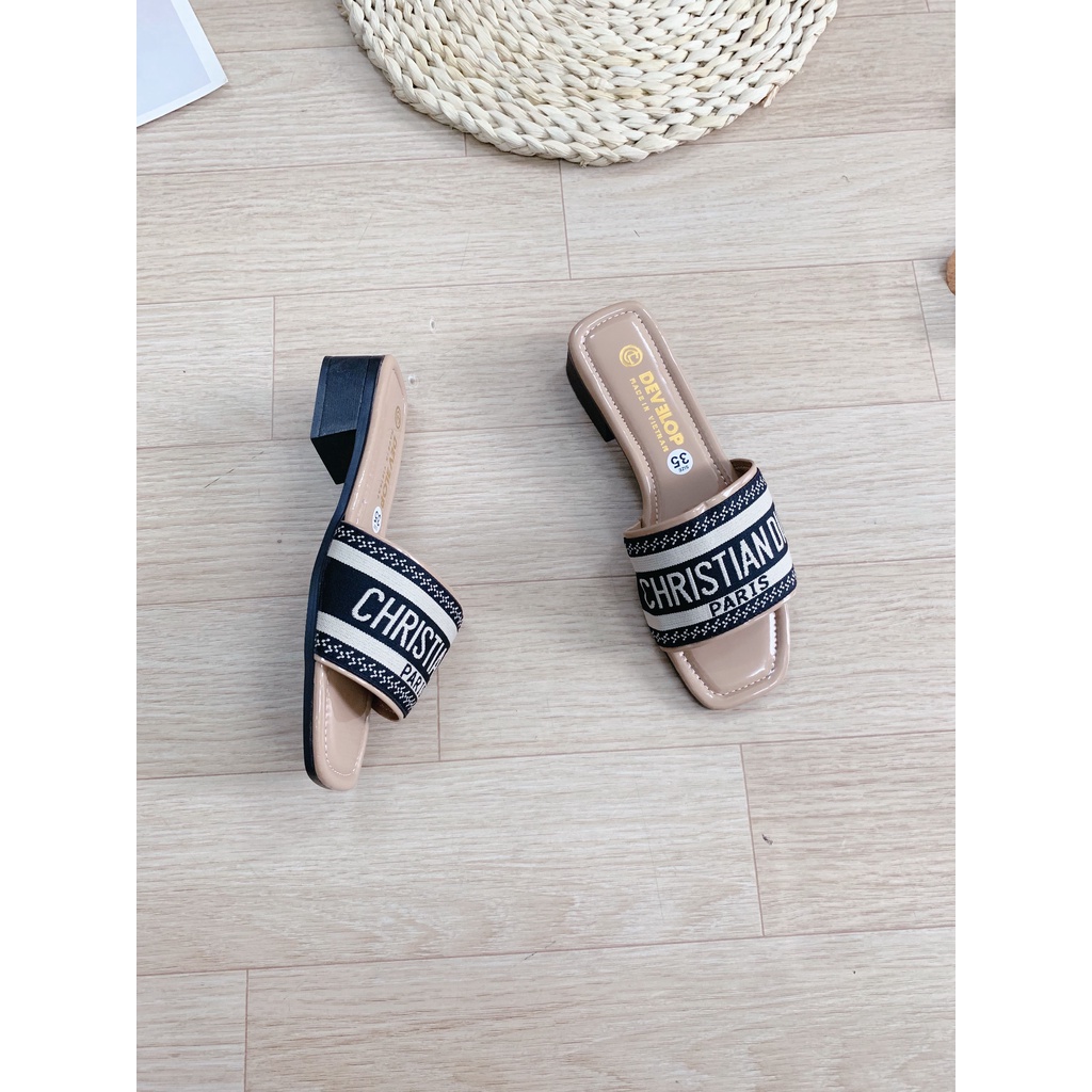 Dép lê nữ gót 3 phân lót bóng quai chữ thêu