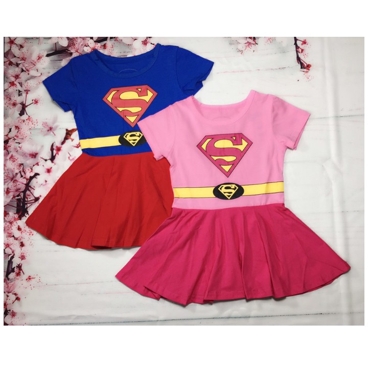 Đầm siêu nhân supergirl bé gái kèm áo choàng từ 9-26kg- thun cotton thấm hút mồ hôi, hình không bong tróc
