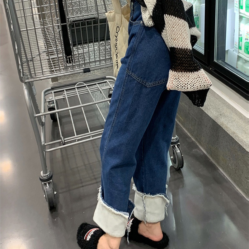 Quần jeans nữ lưng cao ống rộng màu tương phản năng động sành điệu