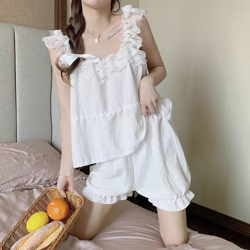 Bộ ngủ hai dây T97 Bộ đùi mặc nhà hai dây phối ren siêu xinh chất vải đũi xốp phong cách hàn quốc mặc siêu thoả mái