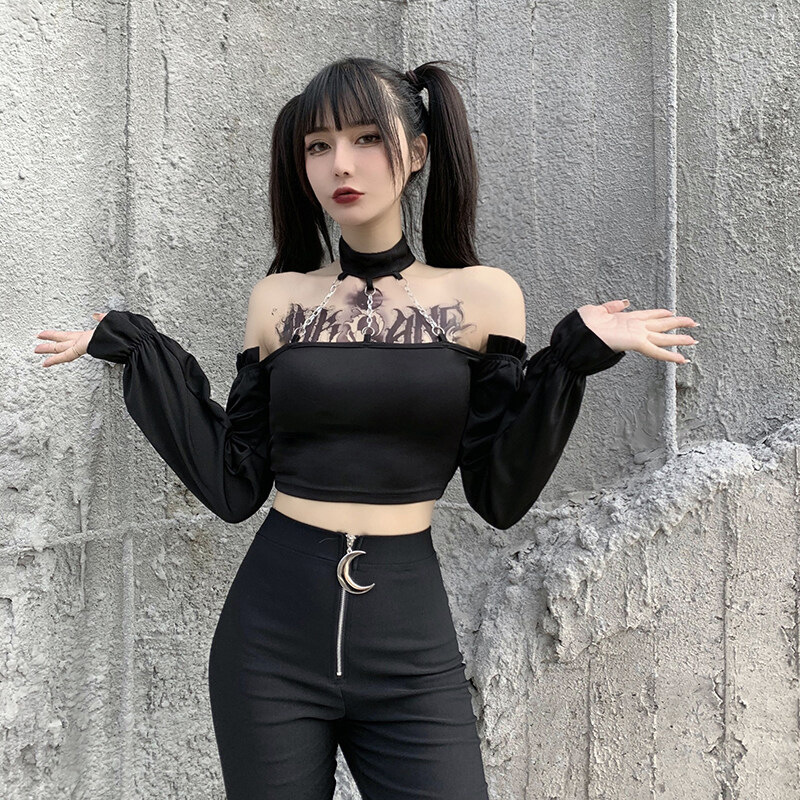 Áo Croptop Tay Dài Trễ Vai Phối Choker Thiết Kế Hợp Thời Trang