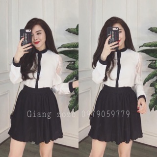 Set chân váy dập li và áo sơ mi phối ren thanh lịch
