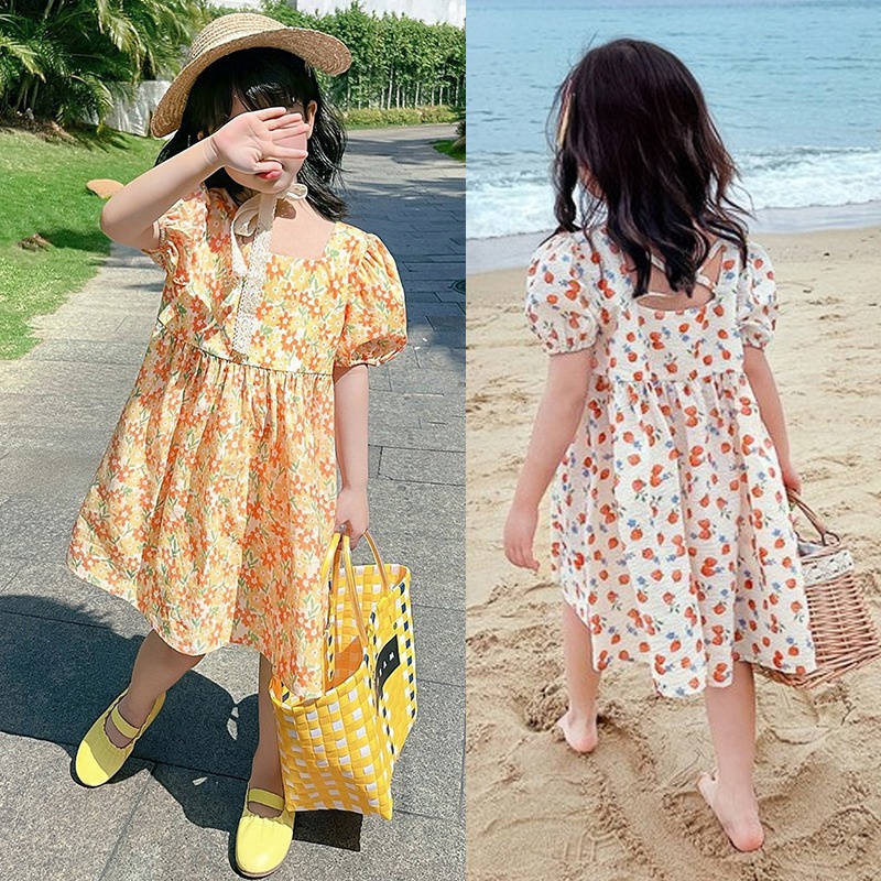 Đầm Công Chúa Tay Phồng Cổ Vuông Hở Lưng In Họa Tiết Hoa Phong Cách Hàn Quốc Đơn Giản Dành Cho Bé Gái