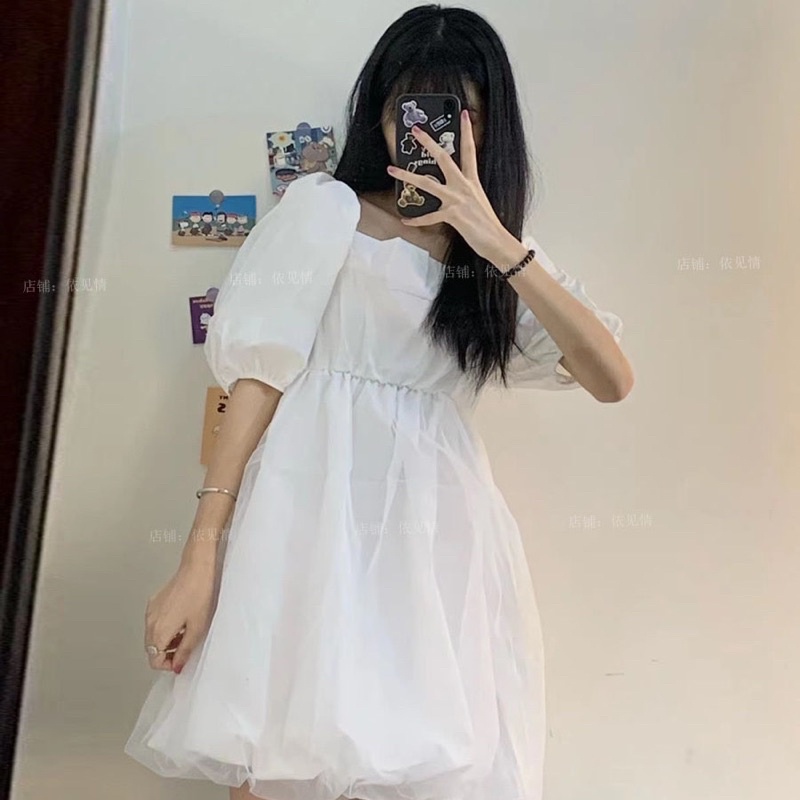 Đầm tiểu thư dễ thương cổ vuông dáng xòe bồng siêu xinh Ulzzang(✿◠‿◠)