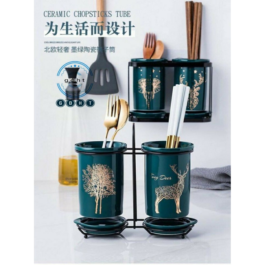ỐNG CẮM ĐŨA SỨ XƯƠNG CAO CẤP KHUNG KIM LOẠI MẠ VÀNG
