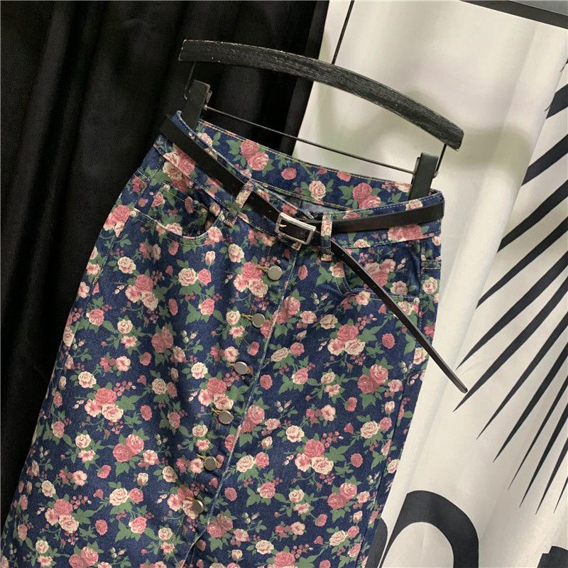 Chân Váy Denim Lưng Cao Dáng Ôm Xẻ Tà In Họa Tiết Hoa Xinh Xắn Thời Trang Cho Nữ