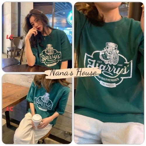 Áo Phông Cổ Tròn Dáng Rộng In Hình Harry's 🎁 Nana's House 🎁 Thun tay lỡ oversize màu xanh rêu trẻ trung, cá tính | BigBuy360 - bigbuy360.vn