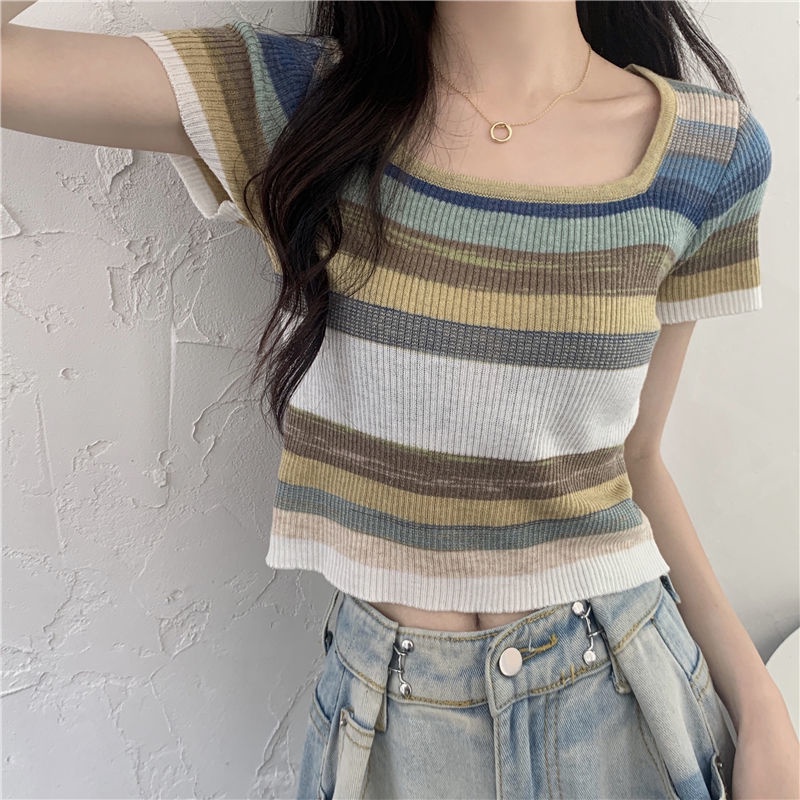 Áo Thun Ngắn Tay Cổ Vuông Họa Tiết Kẻ Sọc Cầu Vồng Phong Cách Hàn Quốc Thời Trang Mùa Hè Cho Nữ