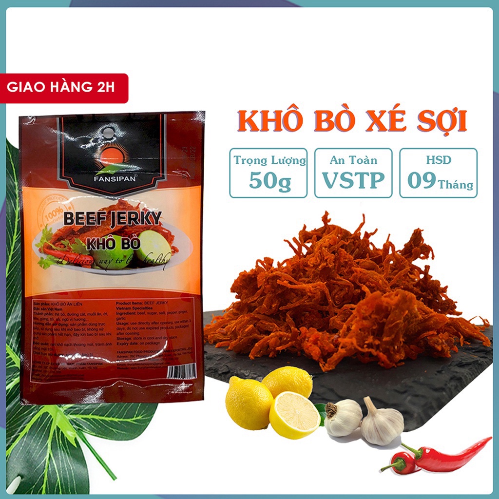 KHÔ BÒ SỢI  Fansipan thượng hạng gói 50g, bò khô sợi cay loại siêu ngon đặc sản Tasty Food