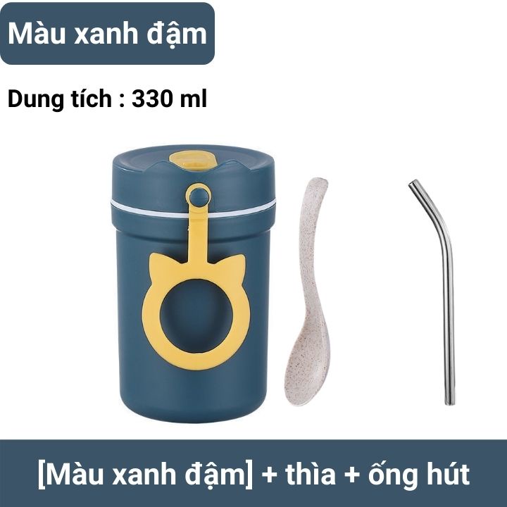 Cốc đựng canh cách nhiệt 2 lớp chống tràn có kèm theo ống hút và thìa