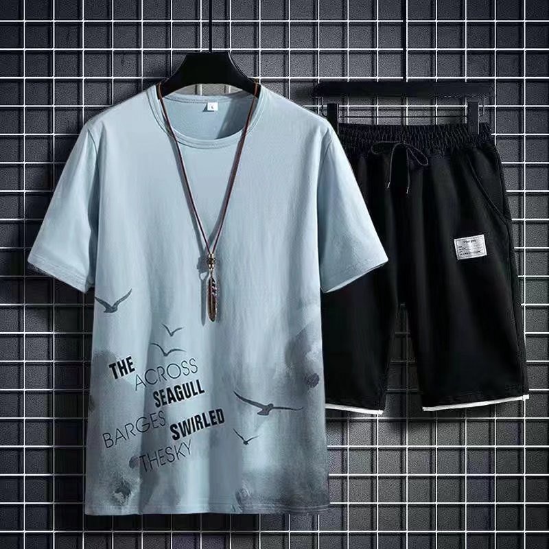 Set Đồ Thể Thao Hai Mảnh Gồm Áo Thun Cổ Tròn Dáng Rộng In Họa Tiết Thời Trang Mùa Hè Có Size Lớn + Quần Dành Cho Nam Giới【M-3XL)