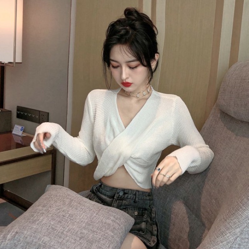 Áo Len Tay Dài Cổ Chữ V Màu Sắc Đơn Giản Phong Cách Retro Cho Nữ