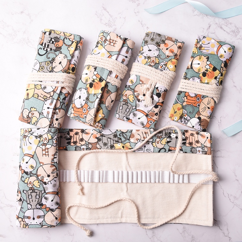 Cat Canvas Bag Holder Wrap Roll Up Stationery Pen Brushes Pencil Case Pouch