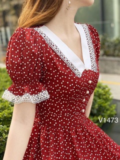 Đầm xoè chấm bi cổ peter phối ren + Ảnh thật