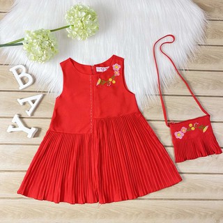 Váy Đầm Bé Gái Dập Ly Thêu Hoa Kèm Túi Đựng Lì Xì tết Đúng ĐIệu Mẫu Mới Nhất