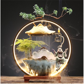   CÓ SẴN  Tiểu cảnh phong thủy LED tròn Có cây thật Tặng hương nụ - Đài phun nước trang trí cao cấp 