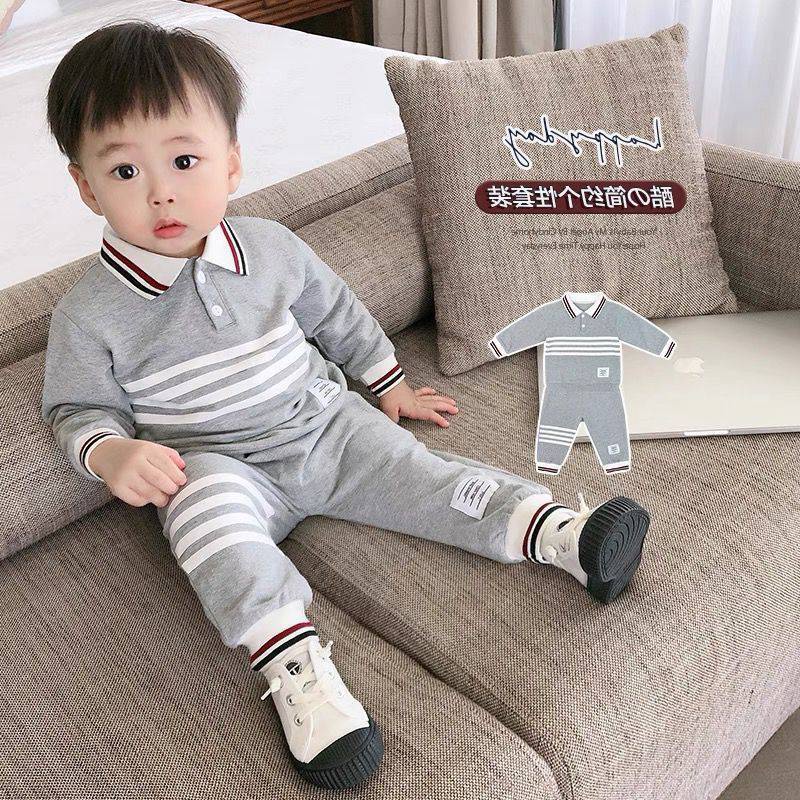 Đồ bộ bé trai, Set quần áo dài thu đông 4 vạch kẻ ngang chất nỉ da cá đẹp trai cho bé từ 8 đến 20 kg, DUCK387