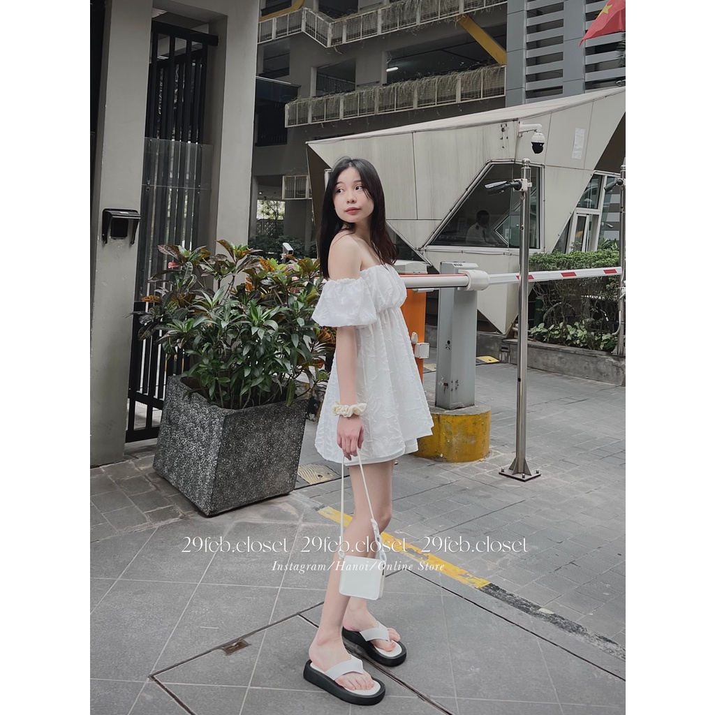 [Ảnh thật/Video] Set áo trễ vai hoa nổi kèm quần short thô mềm - 29feb.closet - S17