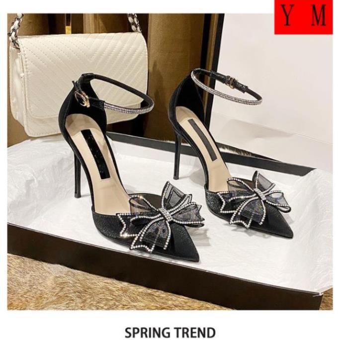 Giày Sandal Cao Gót Mũi Nhọn Đục Lỗ Đính Nơ Và Đá Màu Đen/Trắng Thời Trang Mùa Xuân Dành Cho Bạn Nữ 2022 💄 🎧️