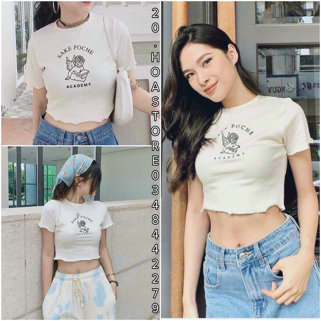 Áo Croptop Thiên Thần Xoắn Viền -  Áo Thun Croptop Cổ Tròn Viền Sake Màu Trắng