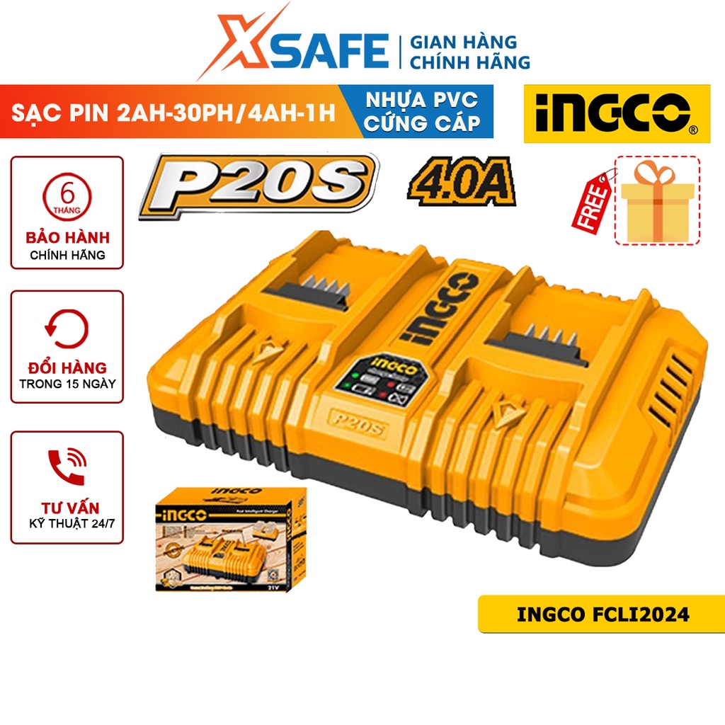 Đế sạc pin đôi siêu nhanh INGCO FCLI2024 điện áp đầu ra 21V, dòng điện 4Ah, sạc pin 2Ah 30p, pin 4Ah 1h[CHÍNH HÃNG]