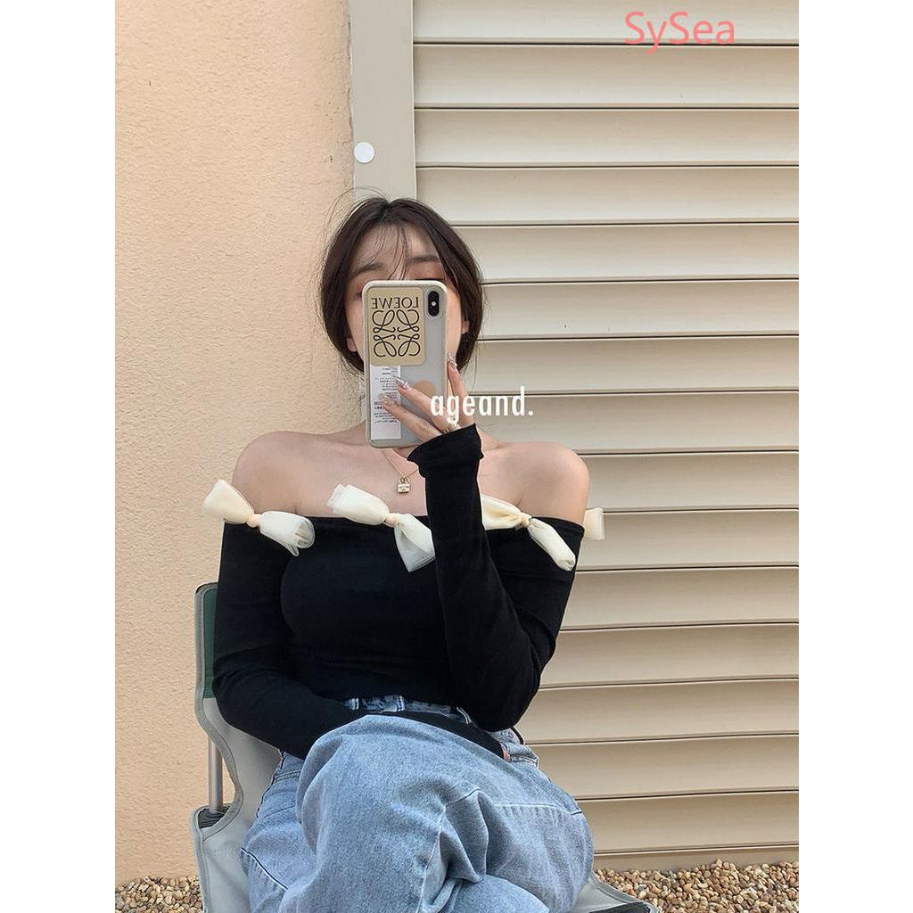 Áo kiểu trễ vai tay dài phối nơ thiết kế thanh lịch cho nữ