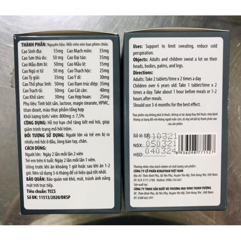 MỒ HÔI TRỘM KINGPHAR – Hỗ trợ làm giảm tăng tiết mồ hôi khó chịu của cơ thể (60 viên)
