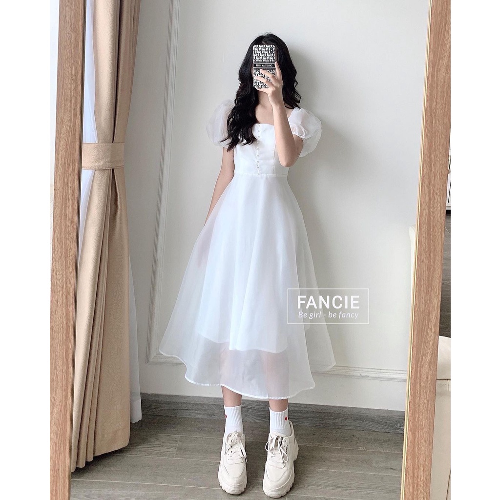 Váy trắng dự tiệc tiểu thư tay phồng cổ vuông. Đầm Trắng Công Chúa Chụp Kỷ Yếu Xinh