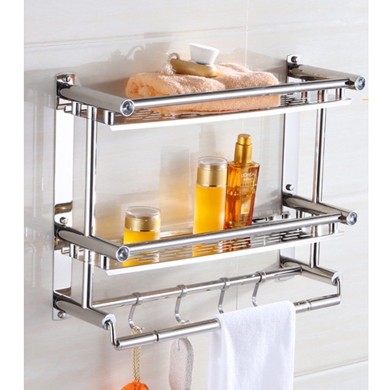 Giá kệ để đồ phòng tắm kết hợp treo khăn inox 304, Giá kệ inox dán tường 2 tầng có móc treo 40/60cm