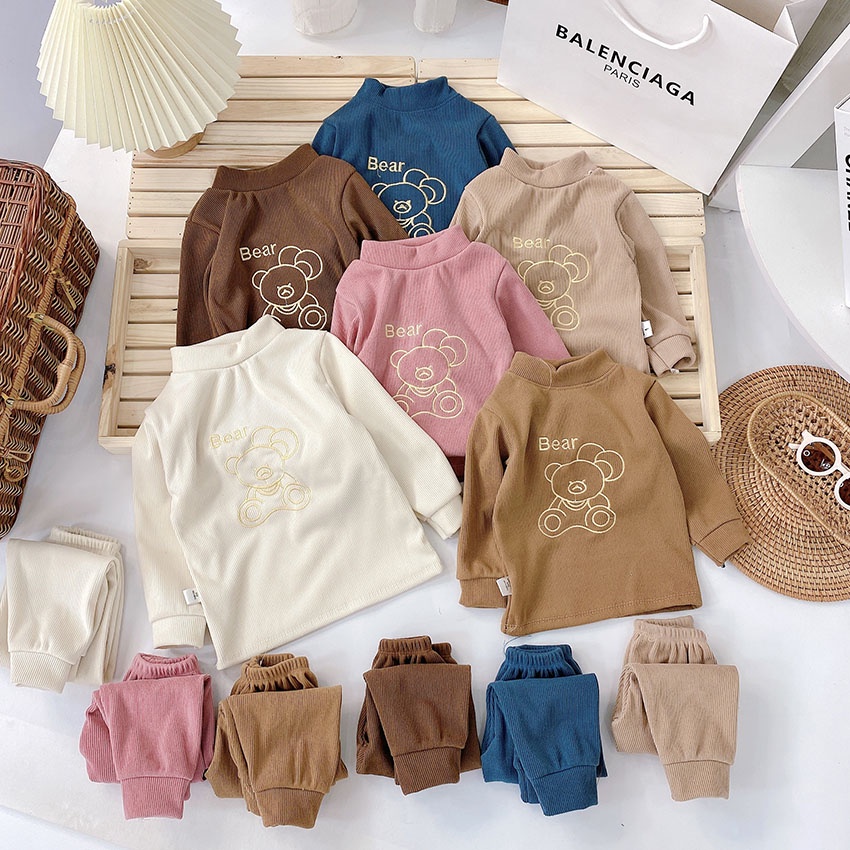 Bộ Quần Áo Dài Tay Thu Đông In Hình Gấu Bear Cổ 3 Phân Vải Len Tăm Nhung Dễ Thương Cho Bé Từ 7 - 14kg Mã DT34