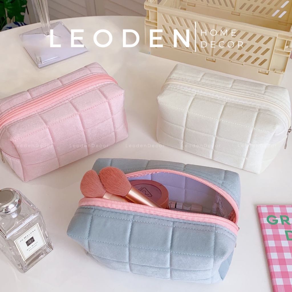 Túi đựng bút vải nhung màu sắc pastel cute, túi đựng mỹ phẩm du lịch nhỏ  – LEODEN DECOR
