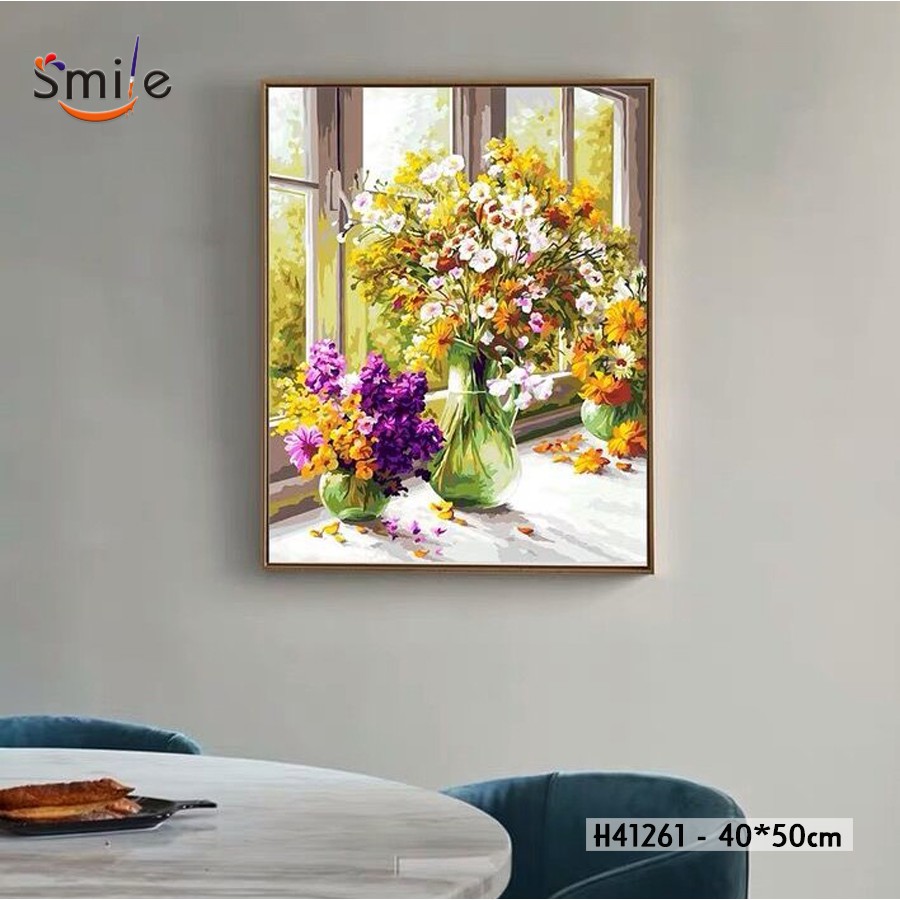 Tranh sơn dầu số hóa tự tô màu Smile FMFP Bình hoa rực rỡ bên cửa sổ H41261
