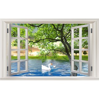 Tranh dán tường cửa sổ 3D tranh trang trí thiên nga 1 BINBIN CS08 (Có in theo yêu cầu)