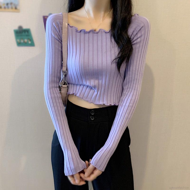 Áo dệt kim tay dài màu trơn dáng ôm thời trang mùa thu phong cách Hàn Quốc cho nữ