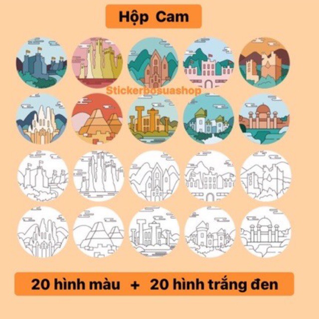 Combo 20 sticker trắng đen tự tô và 20 sticker màu sáng tạo phong cách Nhật Bản trang trí sổ tay