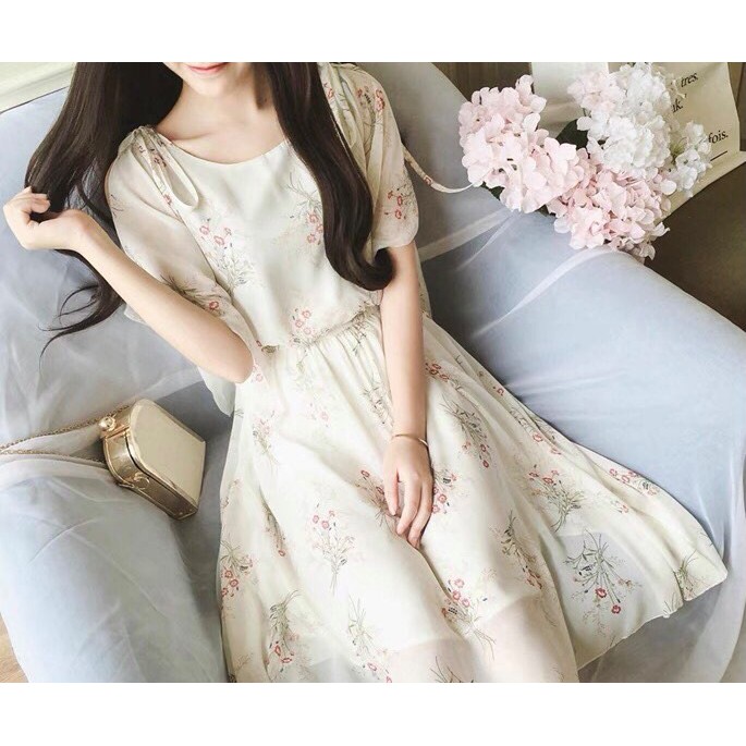 Đầm Voan Hoa Dáng Xòe ️🎉Hàng QC Có Sẵn️🎉 Thiết Kế Chiết Eo Thời Trang Thanh Lịch Cho Nữ | BigBuy360 - bigbuy360.vn