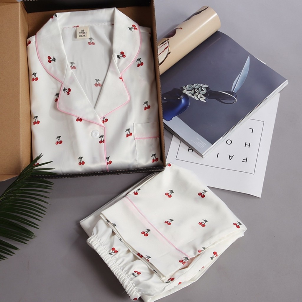 Bộ đồ ngủ mặc nhà lụa satin cao cấp chất mát hoạ tiết trái cây 4 màu mùa hè 2021 | BigBuy360 - bigbuy360.vn