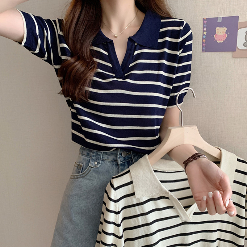 áo polo Nữ Tay Ngắn Họa Tiết Sọc Phong Cách Hàn Quốc