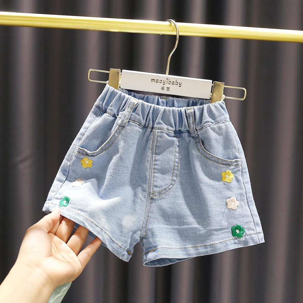 Quần Short Denim Thêu Hoa Nhỏ Màu Trắng Dễ Thương Cho Bé Gái 1-5 Tuổi