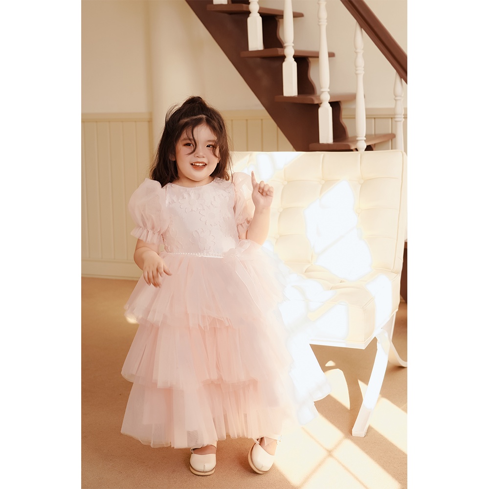 Váy công chúa Rose cho bé gái HOMI BABY HOUSE đầm công chúa hồng tay phồng 3 tầng cho bé gái dự tiệc dạo phố
