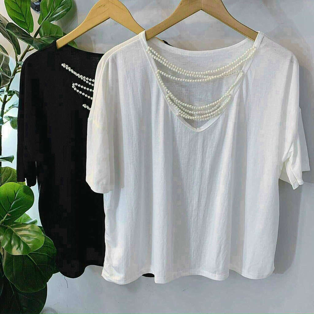 [BÁN CHẠY] ÁO KIỂU HẠT NGỌC TAY NGẮN 2 màu trắng và đen HÀNG CO GIÃN YL81214