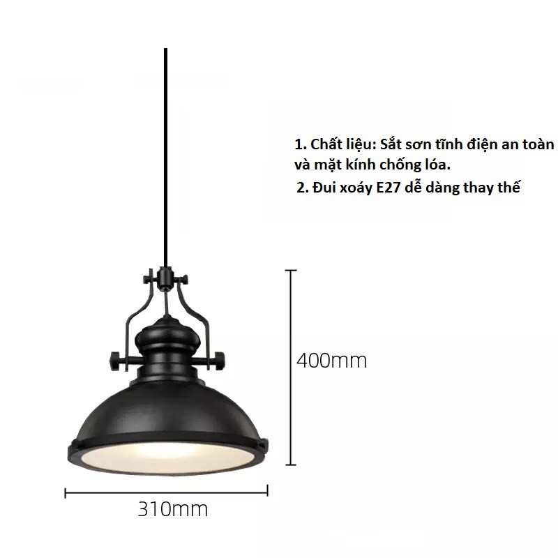 Đèn thả sắt sơn tĩnh điện có kính chống lóa
