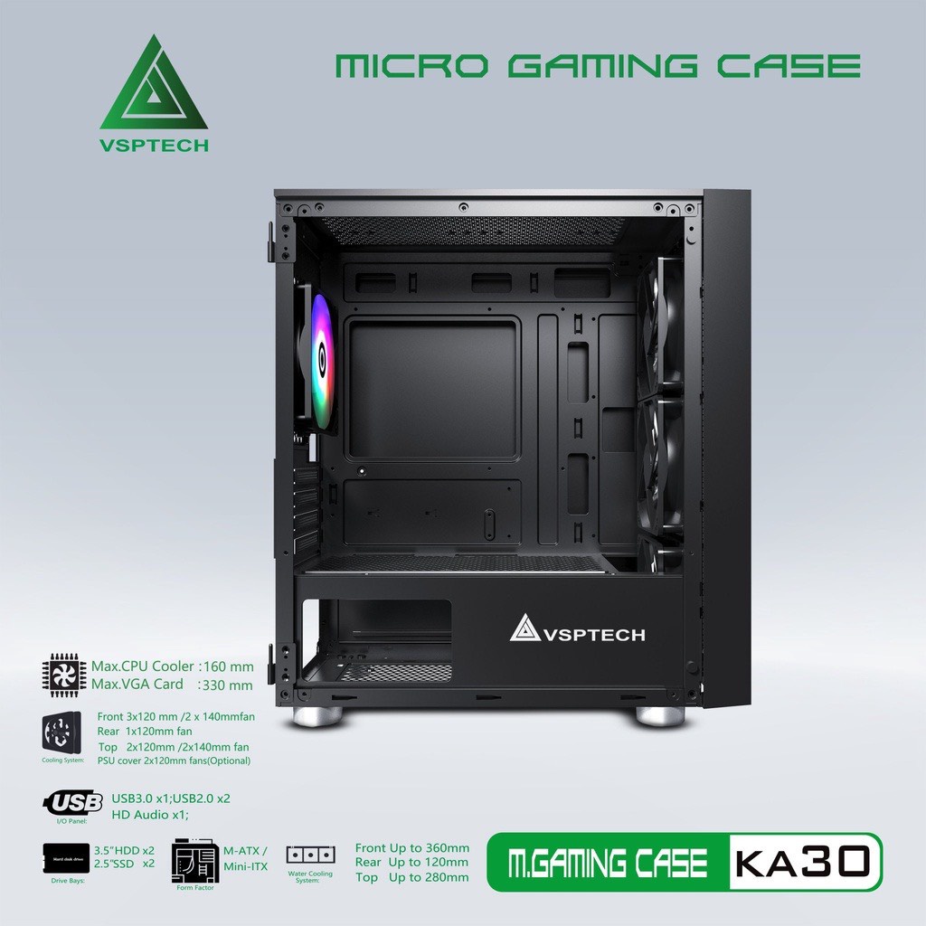 {Now/Grab} Case Gaming VSP KA30 Mini Tower (Màu Đen-Trắng-Hồng- Xanh) (Không kèm Fan)