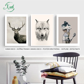 tranh canvas bộ 3 tranh cô gái hươu và sói cá tính XDC