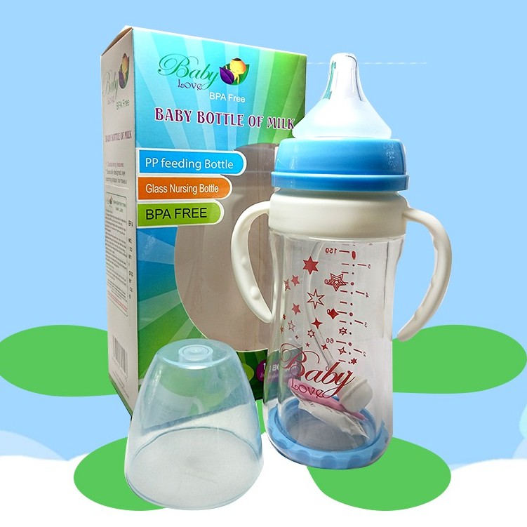 Bình sữa thủy tinh cổ rộng chống vỡ có tay cầm Baby Love 120ml và 180ml