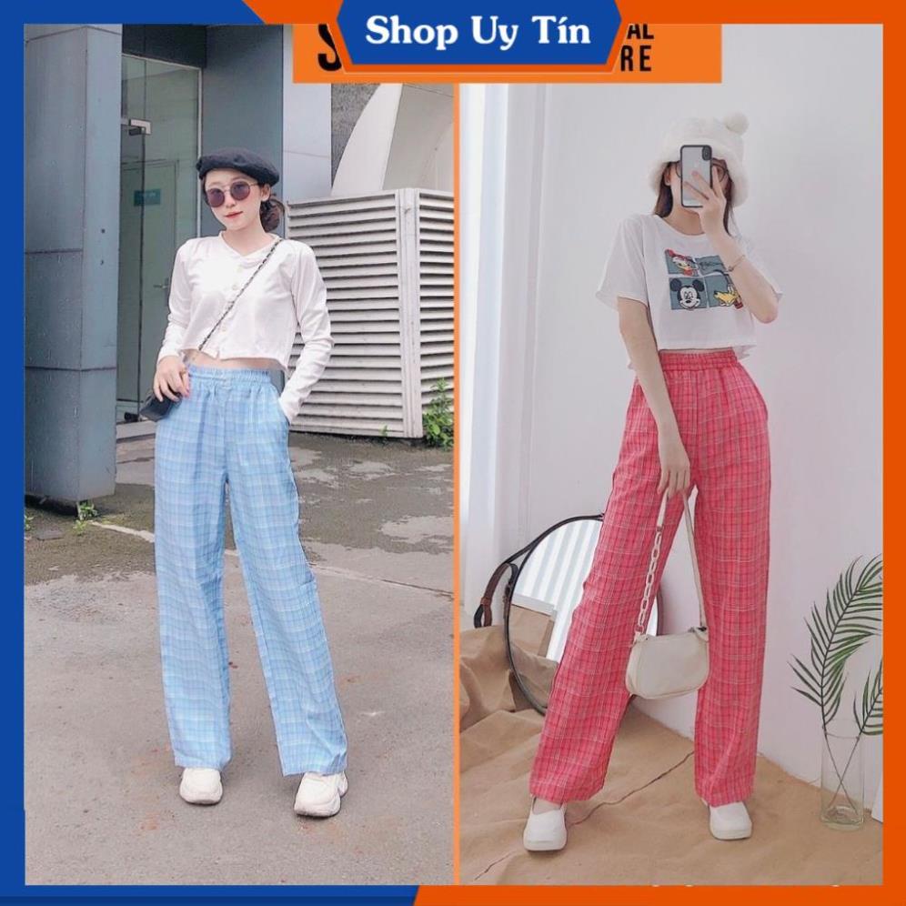 Quần Kẻ Sọc Caro Kẻ Nữ Ống Rộng Lưng Cao Quần Baggy Unisex Dáng Suông Form Dài Cạp Chun Đi Học Đẹp  QD003 | WebRaoVat - webraovat.net.vn